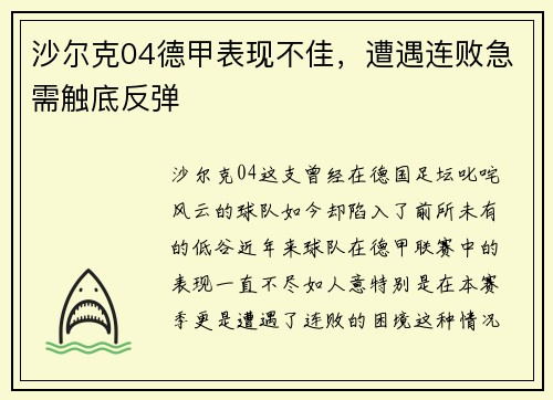 沙尔克04德甲表现不佳，遭遇连败急需触底反弹