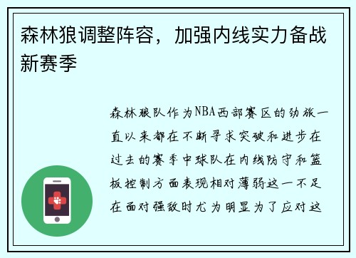 森林狼调整阵容，加强内线实力备战新赛季